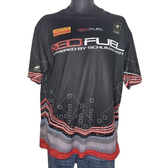 AE Red Fuel Shirt Men Sz L Powered By Schumacher Short Sleeve Black‎ Racing - Picture 1 of 6